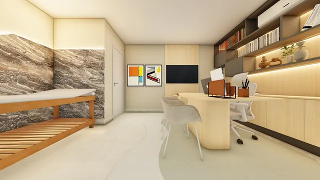 Projeto 3D: consultório. Parede em mármore, maca em madeira e estante com LED.