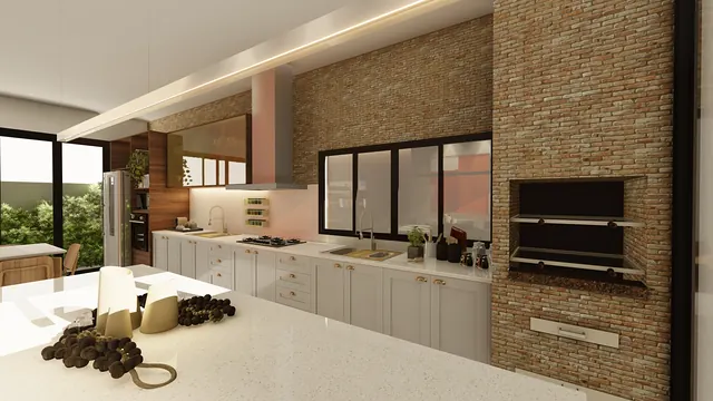 Projeto 3D: cozinha gourmet com churrasqueira. Armários estilo shaker em cinza com puxadores cobre.