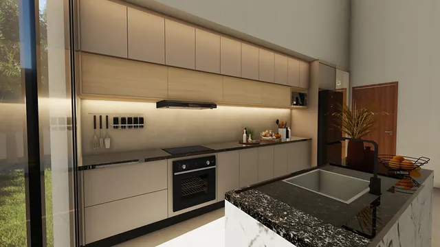 Projeto 3D: cozinha linear fendi e madeira. Aéreos fendi, faixa amadeirada e LED sob os armários.