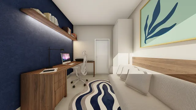 Projeto 3D: home office azul-marinho. Bancada em madeira escura com prateleira iluminada.