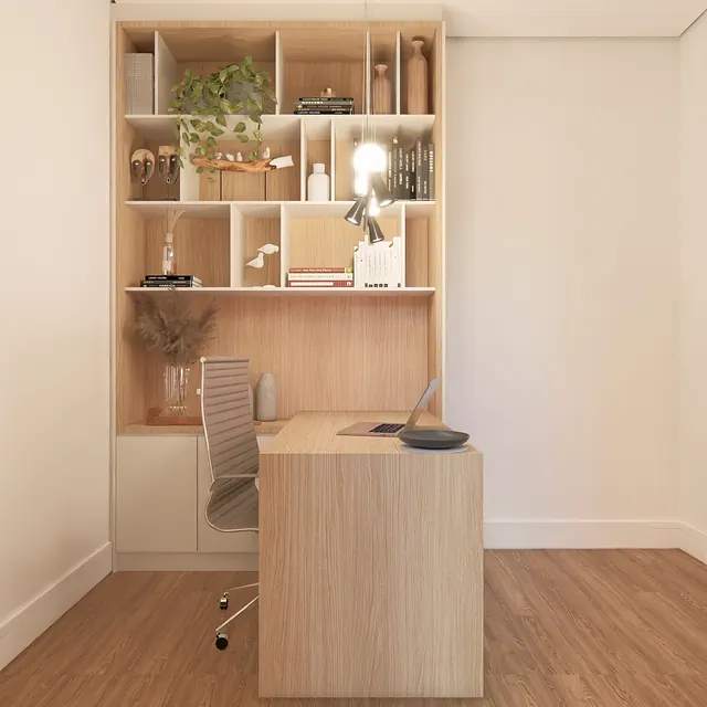 Projeto 3D: home office com nichos. Estante de nichos em madeira clara e branco.