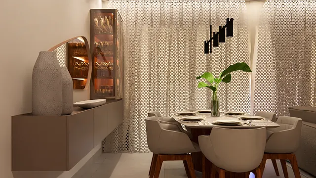 Projeto 3D: sala de jantar com cristaleira. Divisória perfurada iluminada e buffet suspenso.