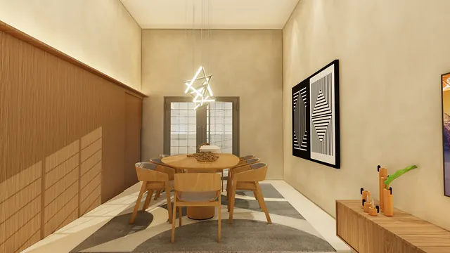 Projeto 3D: sala de jantar em madeira. Painel amadeirado e iluminação geométrica.