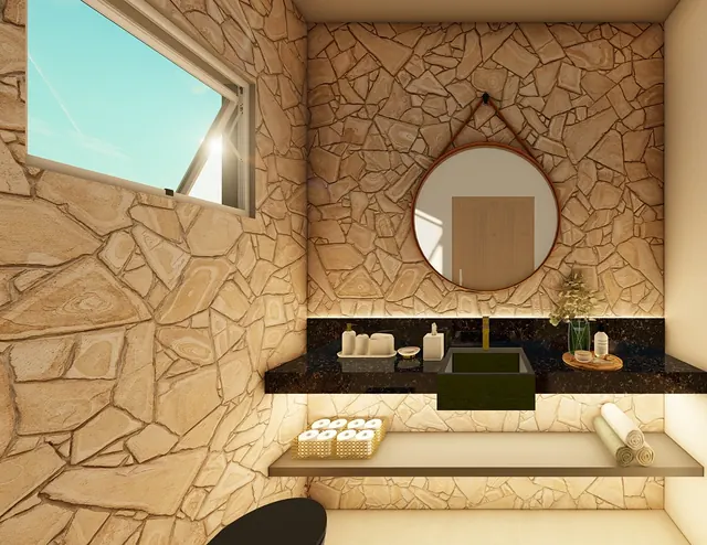 Projeto 3D: lavabo em pedra natural. Bancada suspensa em granito preto com luz embutida.