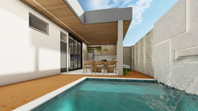 Projeto 3D: área de lazer com espaço gourmet. Gourmet coberto integrado à piscina.