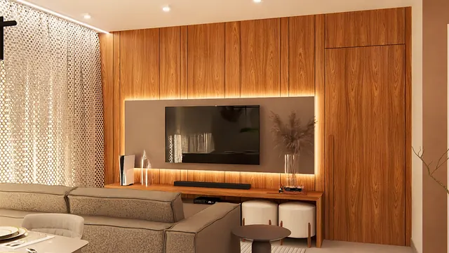 Projeto 3D: painel de tv com iluminação indireta. Madeira natural, LED embutido e porta oculta no painel.