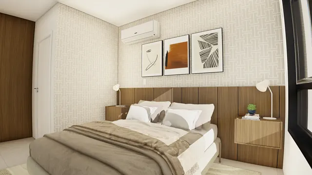 Projeto 3D: quarto com cabeceira em madeira. Painel amadeirado com criados-mudos suspensos.