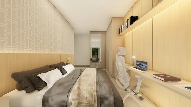 Projeto 3D: quarto jovem com bancada de estudo. Madeira clara, prateleira com LED e escrivaninha.