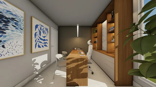 Projeto 3D: sala de atendimento. Estante iluminada com fundo em mármore.
