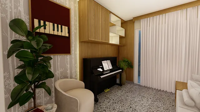 Projeto 3D: sala com painel ripado. Nichos brancos e ripado em madeira.