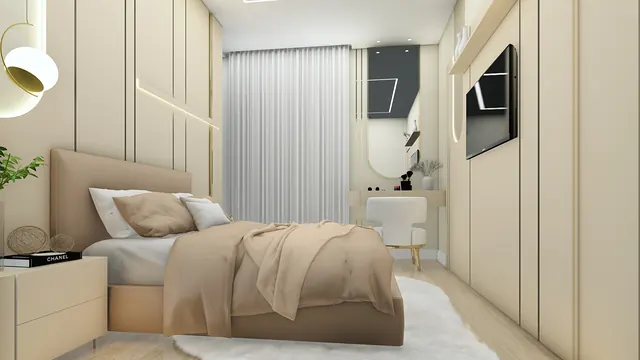 Projeto 3D: suíte master em tons nude. Boiseries com filetes dourados, cabeceira estofada e penteadeira.
