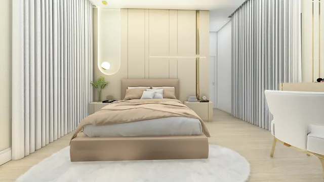 Projeto 3D: suíte master, vista frontal. Painéis com filetes dourados e cama estofada.