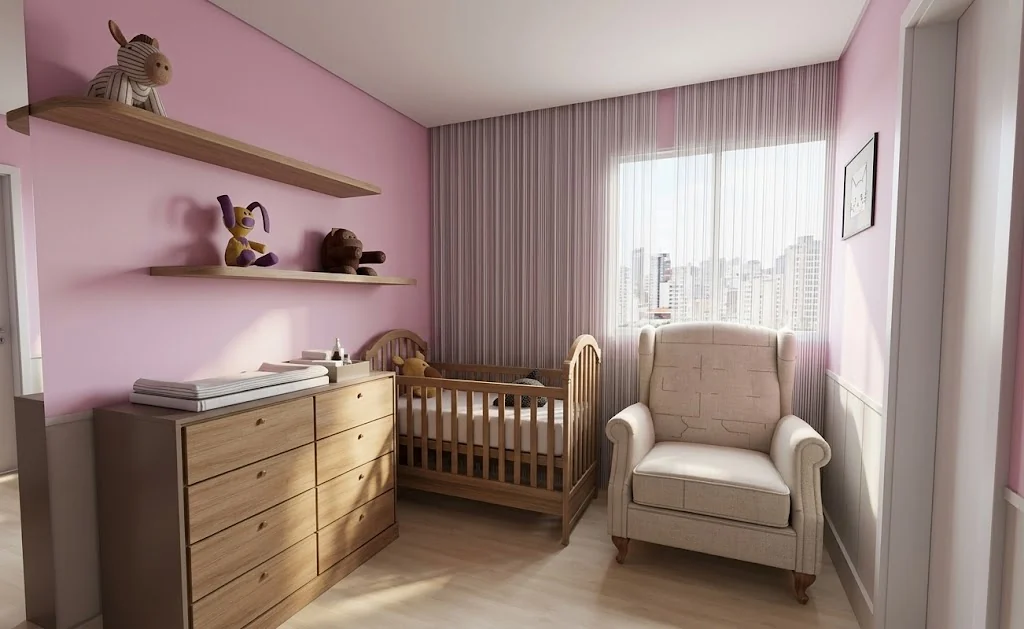 Projeto 3D de quarto de bebê, versão com parede rosa e cômoda toda em madeira