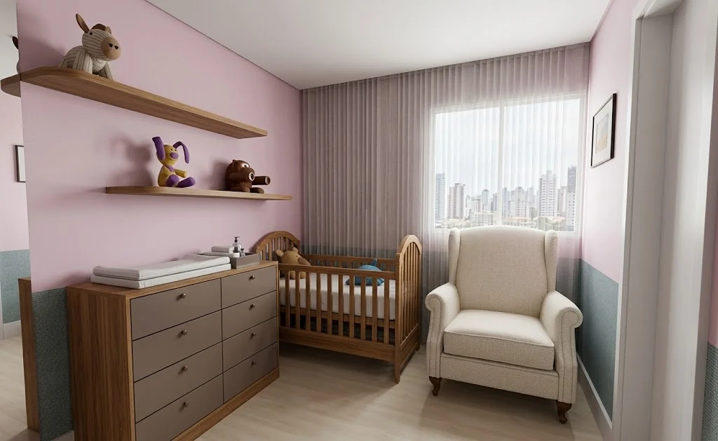 O mesmo quarto, versão com meia-parede verde e cômoda com gavetas cinza